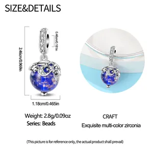 Detailed size chart of the blue glass bead charm with silver moon and star accents