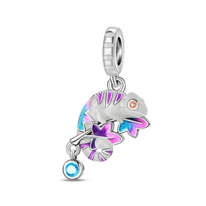 Detail of chameleon charm pendant with purple gradient enamel and blue zircon stone