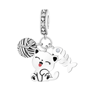 Colgante de gato espina de pescado y ovillo en plata con circonitas para pulseras DIY