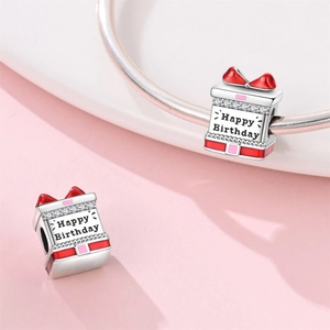 Silver gift box charm with red enamel bow and Happy Birthday engraving for DIY bracelets