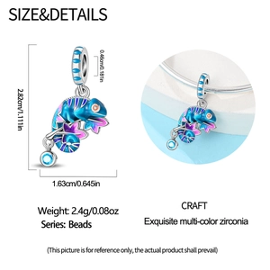 Detailed view of silver chameleon charm with colorful enamel and dimensions display