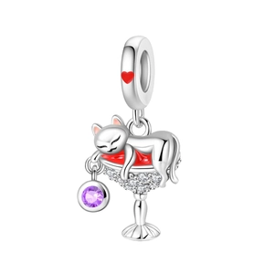 Silver cat charm pendant with wine glass, purple gemstone and sparkling zircon stones