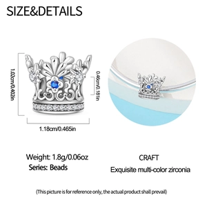 Detailed size view of silver crown charm with blue stone and clear zirconia for bracelets