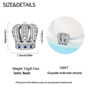 Silver crown charm detail with blue and white zircon inlay and product dimensions