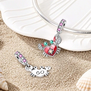 Silver crab charm bead with red heart enamel and sparkling crystals for DIY bracelets