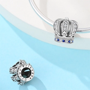 Silver crown charm bead with clear zirconias and blue gems for DIY bracelets