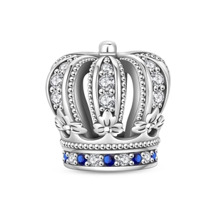 Close-up of crown charm with blue and clear zircon stones for DIY bracelet charm