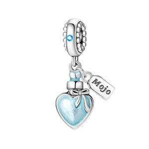 Pendentif bouteille de vœux en cœur argenté avec paillettes bleues pour bracelets