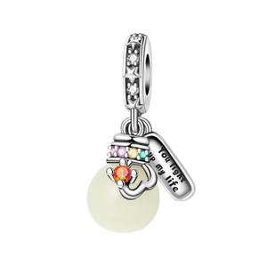 Luminous wishing bottle dangle charm with silver star bail and colorful gemstones