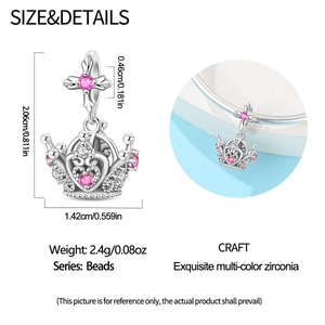 Silver crown charm with pink zirconia crystals for DIY charm bracelets and necklaces