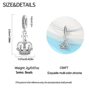 Detailed size chart for silver crown charm with dimensions and wrist styling view