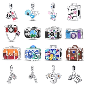 Silver Plated Travel Theme Camera Suitcase Charm Beads Rhinestone Enamel Pendant For DIY Bracelet Necklace Women Jewelry Accessory
