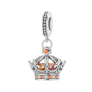 Silver crown charm with orange gemstone for DIY bracelet making jewelry