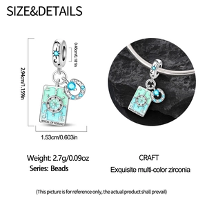 Macro view showing dimensions of Tarot charm with blue zircon and Moon elements