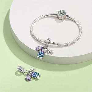 Macro shot of silver snake chain bracelet with camera, airplane and luggage travel charms