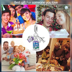 Detailed travel charm set with silver airplane, purple suitcase and camera pendant