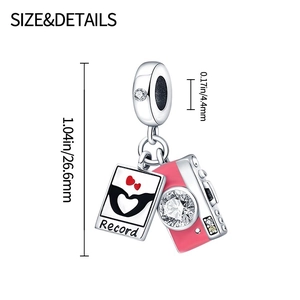 Detail of pink camera charm with silver Record disc for DIY bracelet necklaces