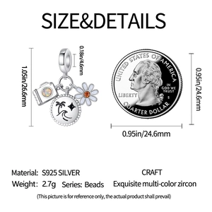 Detailed size view of silver camera and daisy charms with professional measurements