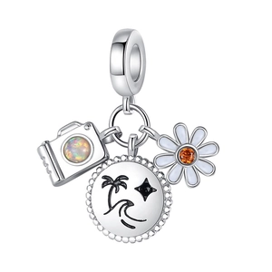 Macro shot of silver charms with colorful camera, palm tree coin, and white daisy