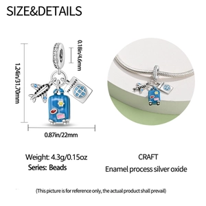 Detailed size specifications for travel airplane suitcase charms and passport pendant bead