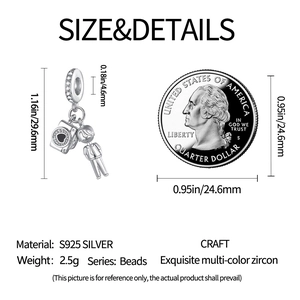 S925 silver camera and boy charm bead with cubic zirconia stones showing size measurements