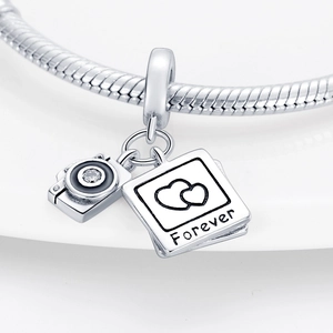 Detailed view of silver camera and forever heart charms with zircon on snake chain