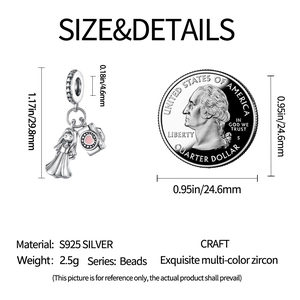 Detailed size view of girl and pink heart camera charm in S925 silver with a coin reference