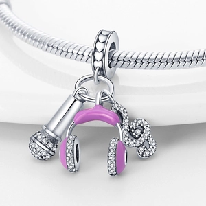 Pendentif musical en argent avec micro, casque violet et clé de sol pour bracelet