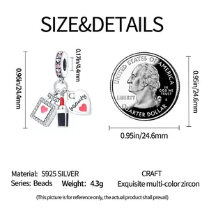 Detailed size specifications for perfume bottle and lipstick charm bead in S925 silver