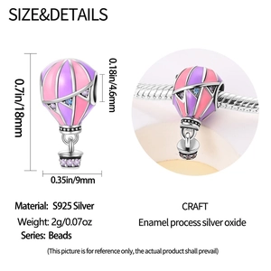 Detailed view of S925 silver hot air balloon charm with pink and purple enamel