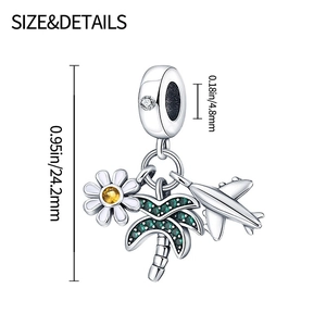 Detail showing dimensions of aircraft and palm tree charms with clear zircon inlay