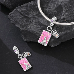 Silver The Hermit tarot charm with pink enamel and orange zircon lantern pendant