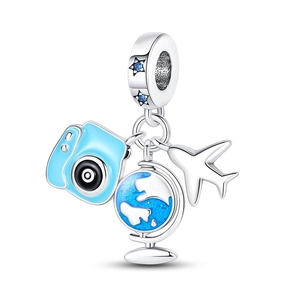 Detail of travel charms with blue enamel camera, globe and airplane for DIY bracelet