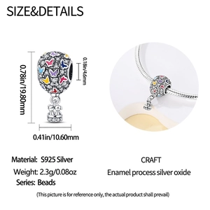 Detail view of S925 silver hot air balloon bead with colorful enamel butterflies and size data