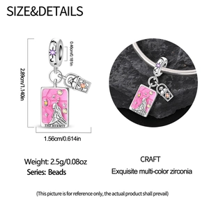Macro detail showing The Hermit tarot charm dimensions and colorful zircon accents
