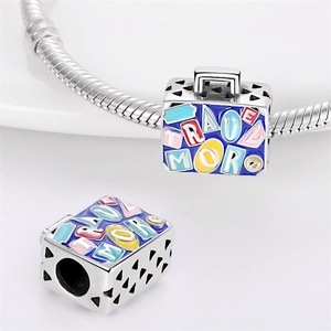 Silver travel suitcase charm with blue enamel Travel More engraving for DIY bracelets