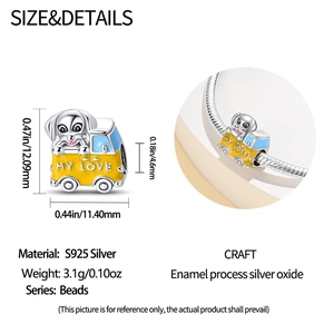 S925 silver dog charm with yellow enamel car and MY LOVE detail on a snake chain