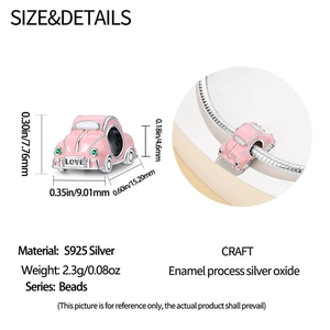 Detailed view of pink enamel vintage car charm with S925 silver finish and size measurements