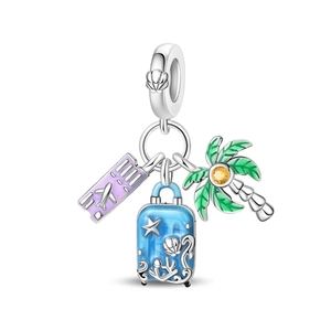 Detailed travel charms featuring enamel airplane ticket, blue suitcase and palm tree