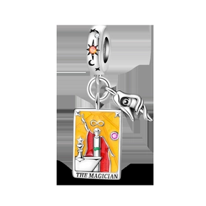 Detail of The Magician tarot card charm with colorful enamel and orange zircon accents