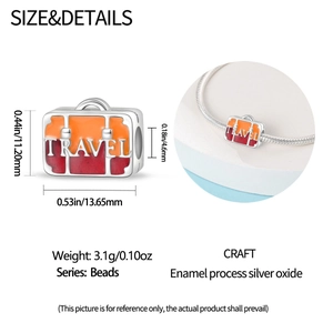 Silver suitcase bead charm with enamel gradient detail and travel theme dimensions