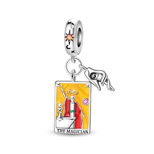 Detail of The Magician tarot charm with silver palm pendant and colorful enamel inlay