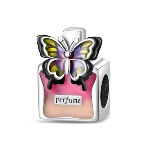 Close-up of pink perfume bottle charm with colorful butterfly for DIY bracelets