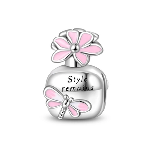 Detailed silver perfume bottle charm with pink enamel flower and dragonfly