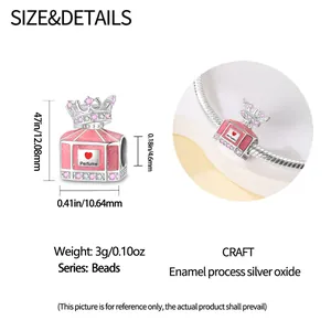 Size chart for pink perfume bottle charm with crown lid and enamel heart detail