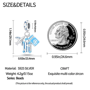 Travel charms set with airplane suitcase and passport in silver with blue zircon details