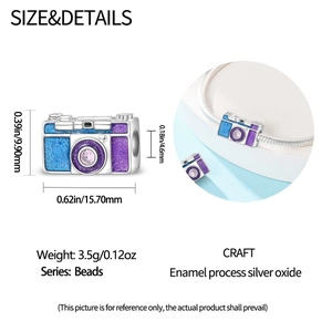 Macro view of camera charm with purple enamel and size specifications for bracelets