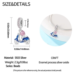 Detail view of blue enamel scooter charm with dimensions and S925 silver bracelet styling