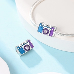 Silver camera charm with blue purple enamel and pink gemstone for charm bracelets