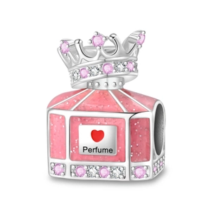 Detailed crown perfume bottle charm with pink glitter enamel and heart design